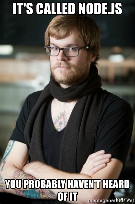 Image of a hipster talking about node
